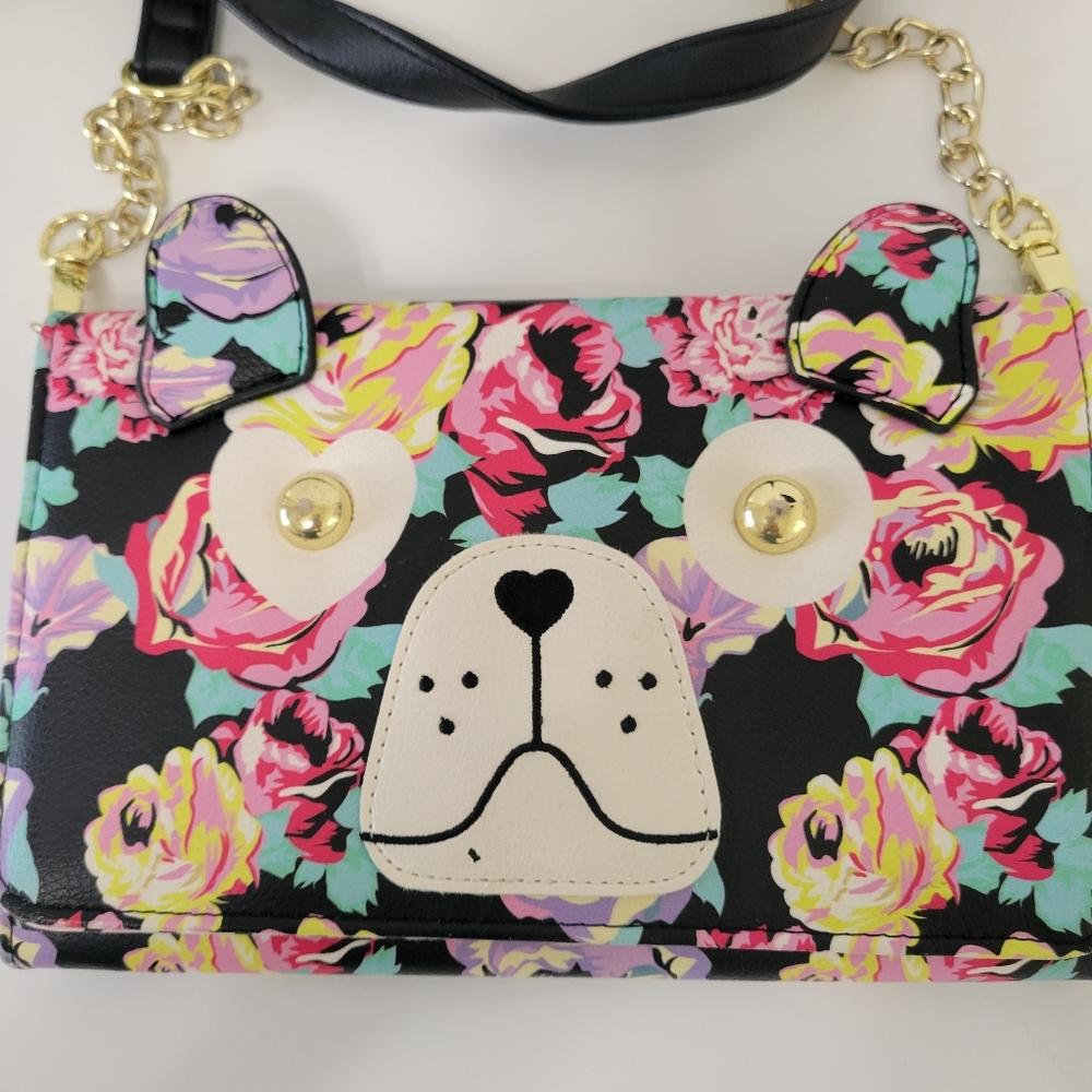 LovBetsey by Betsey Johnson floral doggie face crossbody bag/ clutch - Picture 2 of 10